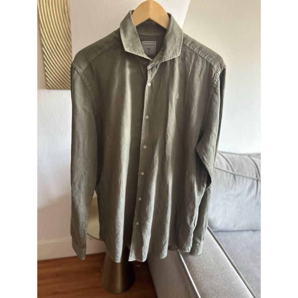 Scalpers Shirt Mens 43 L Olive Green Linen Cotton Skull Crossbones Preppy Summer